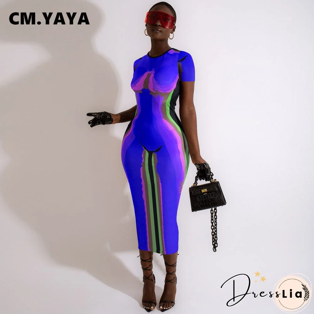 CM.YAYA Women 3D Printed Short Sleeve O-neck Bodycon Midi Maxi DressFor Summer Sexy Night Party Clubwear Long Dresses