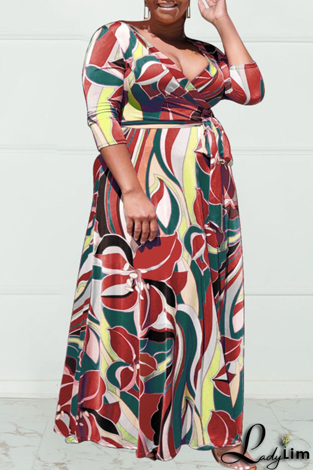 Purplish Blue Casual Print Bandage Patchwork V Neck Plus Size Dresses