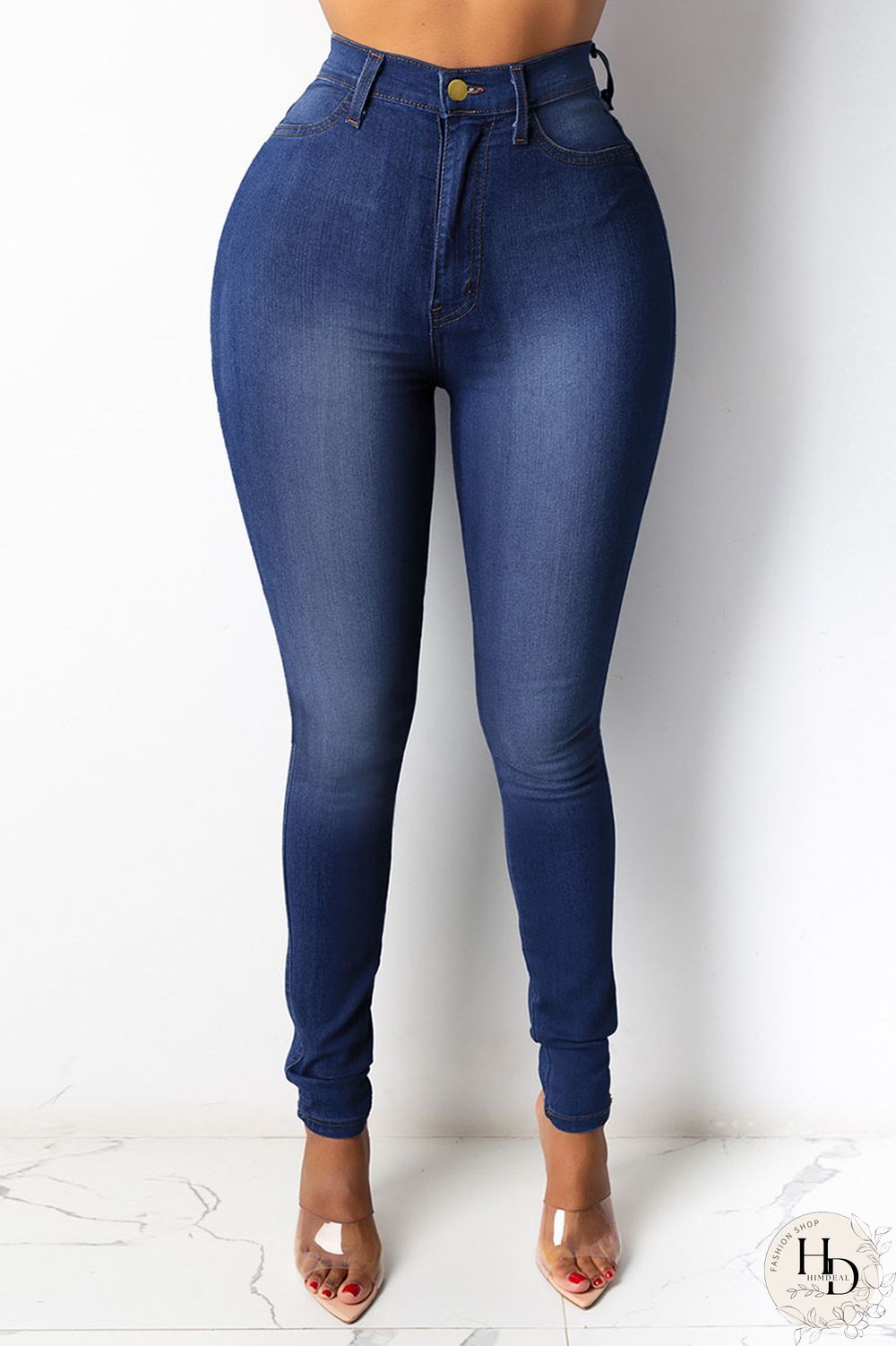 White Street Solid Buttons High Waist Regular Denim