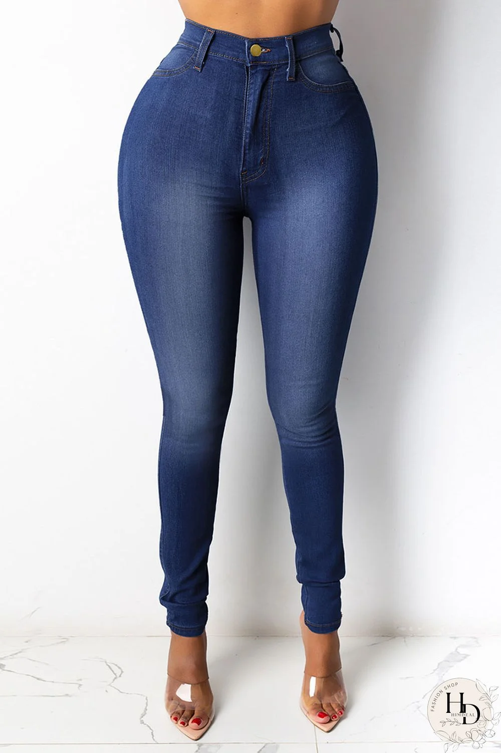 White Street Solid Buttons High Waist Regular Denim