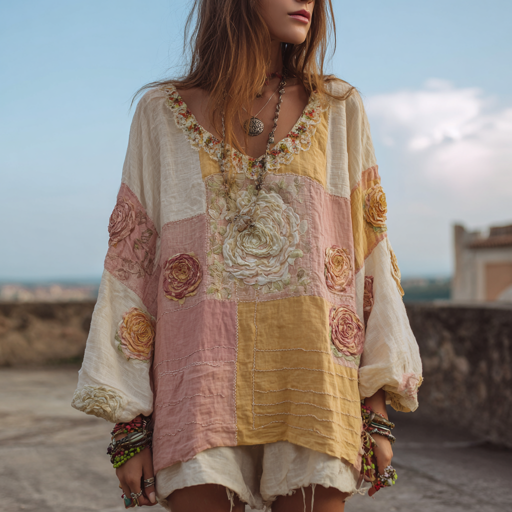 Women's Retro Bohemian Rose Pattern V-neck Shirt