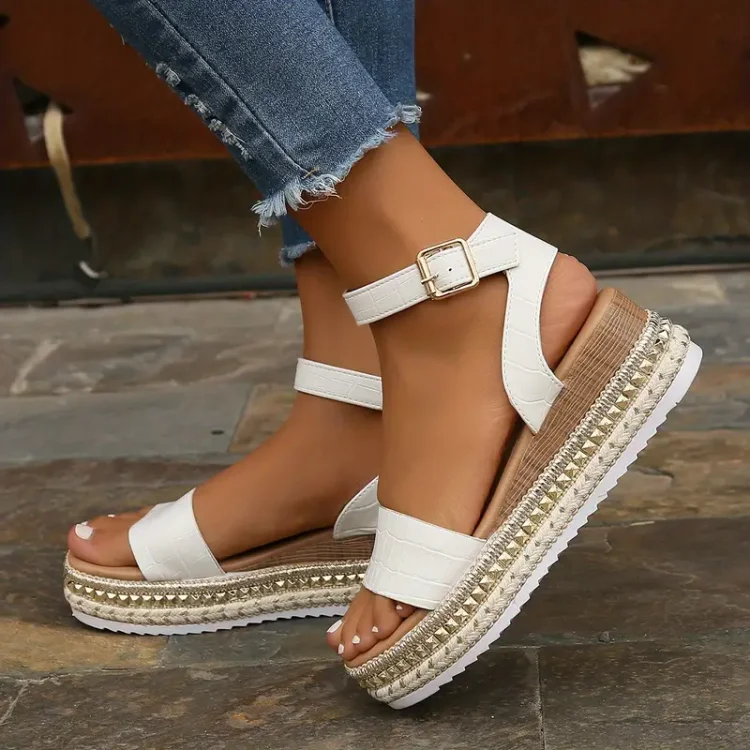 Rivet Open Toe Wedge Sandals