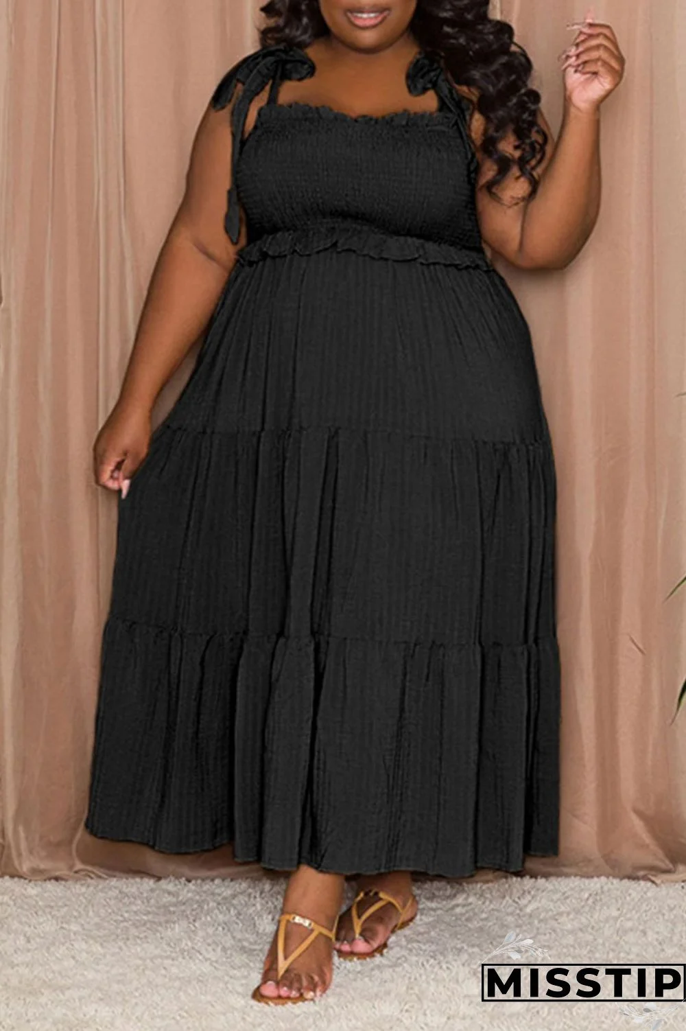 Black Casual Sweet Solid Bandage Patchwork Fold Spaghetti Strap Sling Dress Plus Size Dresses