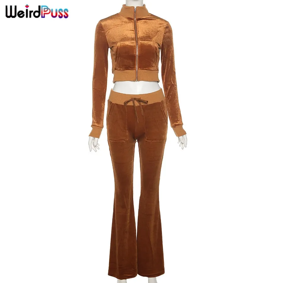 Weird Puss Velvet Women Tracksuit Skinny 2 Piece Set Zip Sporty Sweatshirt+Straight Pants Casual Fit Matching Streetwear Outfits