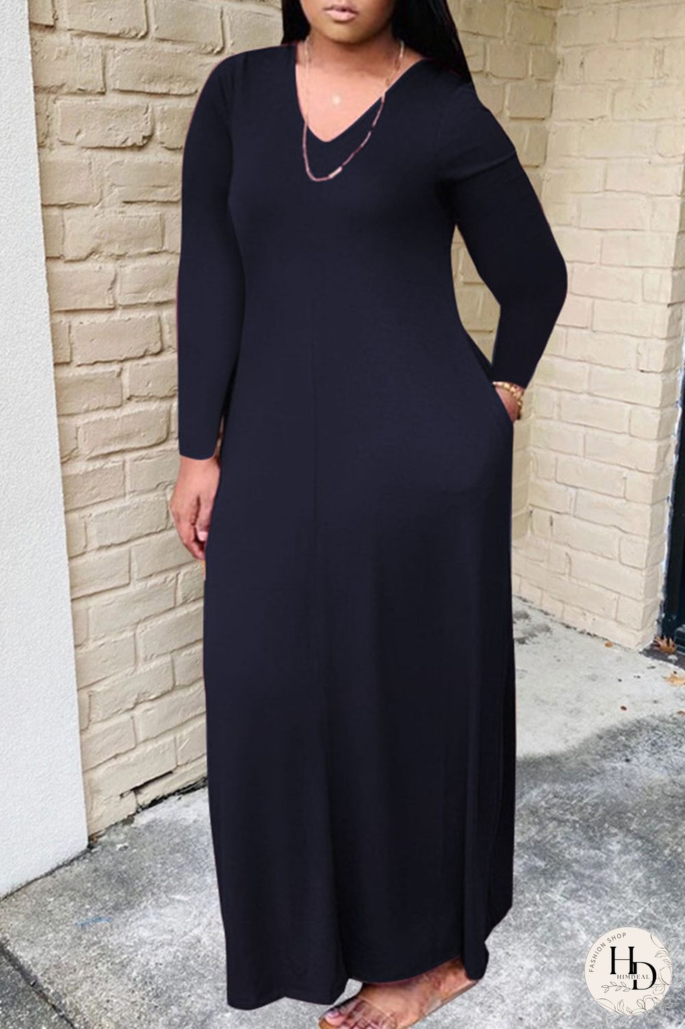 Black Casual Solid Patchwork V Neck Long Sleeve Plus Size Dresses