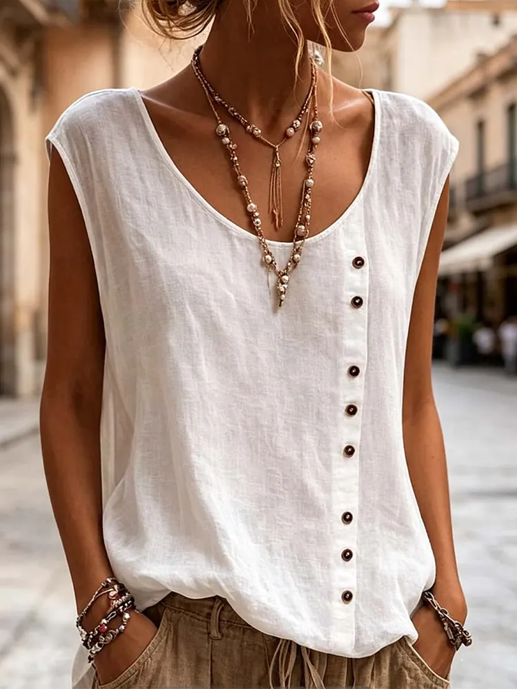 Women's Retro Solid Color Art Casual Stylish Sexy Sleeveless Cotton Linen Top