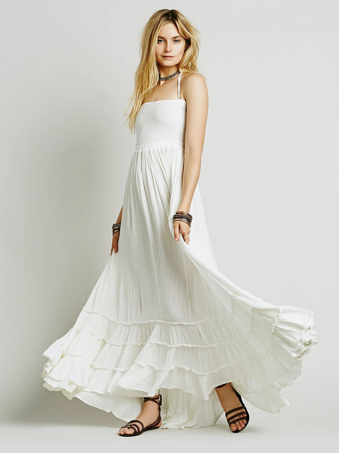 Brownm Backless Bohemian Beach Maxi Cotton Dress Dresses