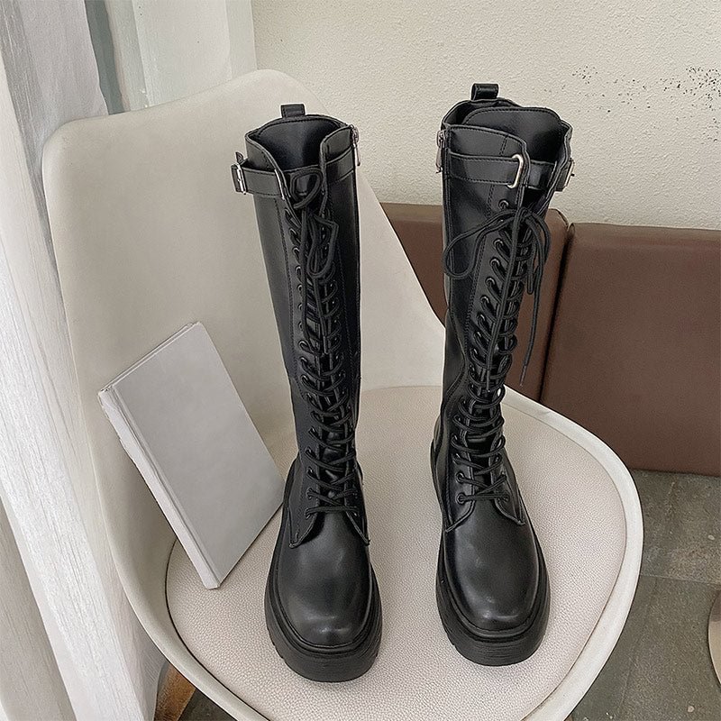 New Women Boots Mid Calf Boots Solid Color Lace Up Female Boots Platform Non Slip Zipper Ladies Fashion Motorcycle Shoe 2021