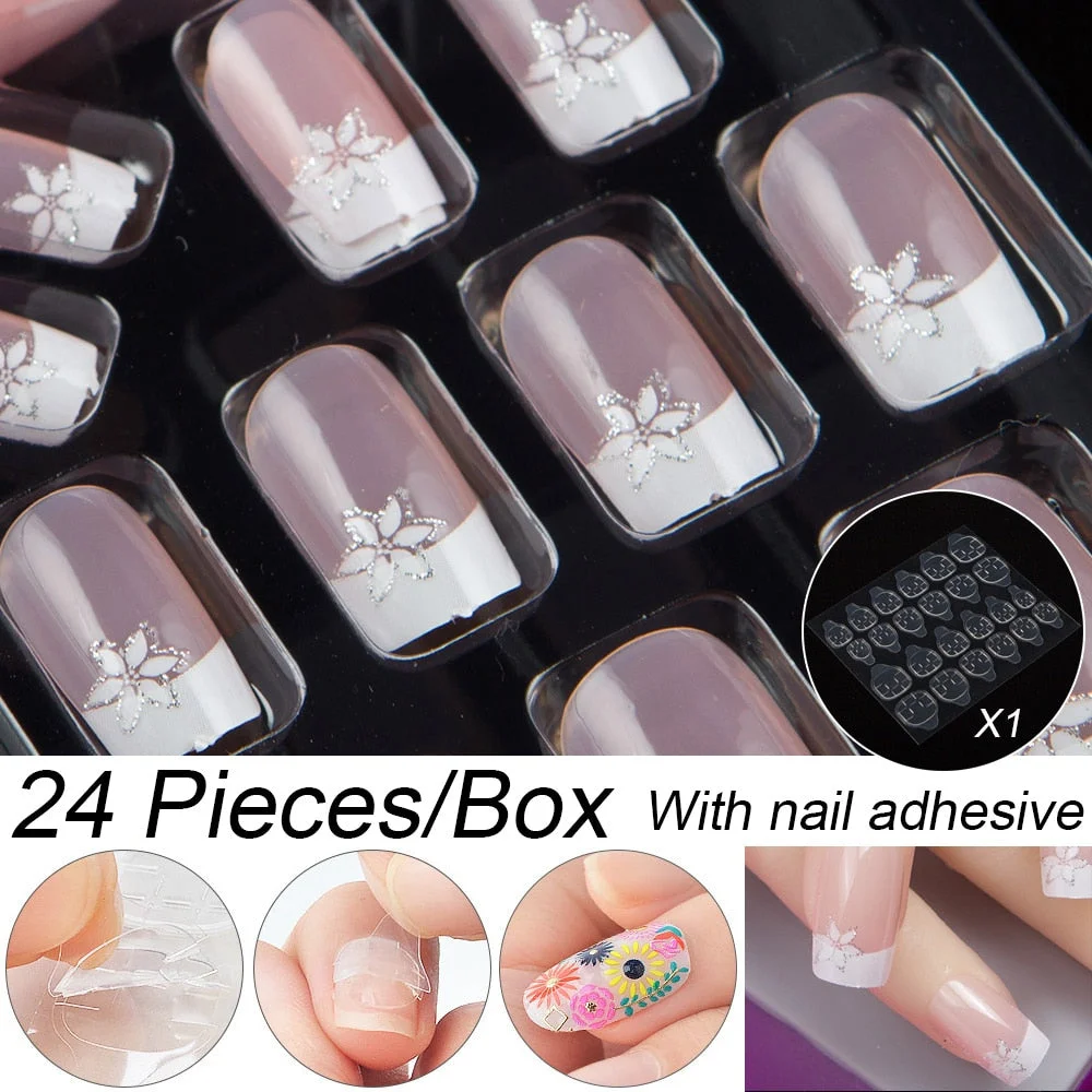 Fashion 24pc/set 10 Sizes Fake Nails Full Cover French False Nail Tips With Double-Sided Nail Adhesive Tab Press On Coffin Nail-Nail Inspo