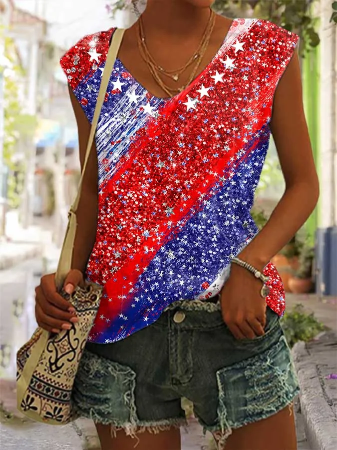Women's Sequined Flag Print V-Neck Sleeveless T-Shirt socialshop