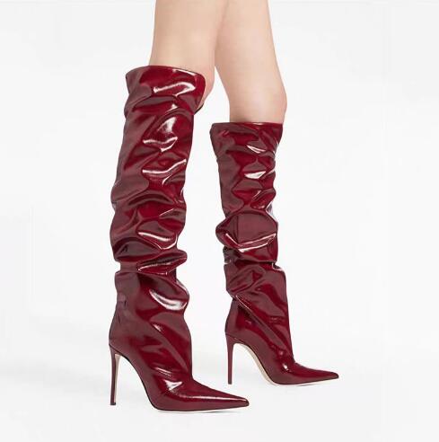 VCSHOES Hot Women Burgundy Shiny Leather Pleated Pointed Toe Thin Heels Knee High Boots Female Black Suede Tube Long Boots Shoes