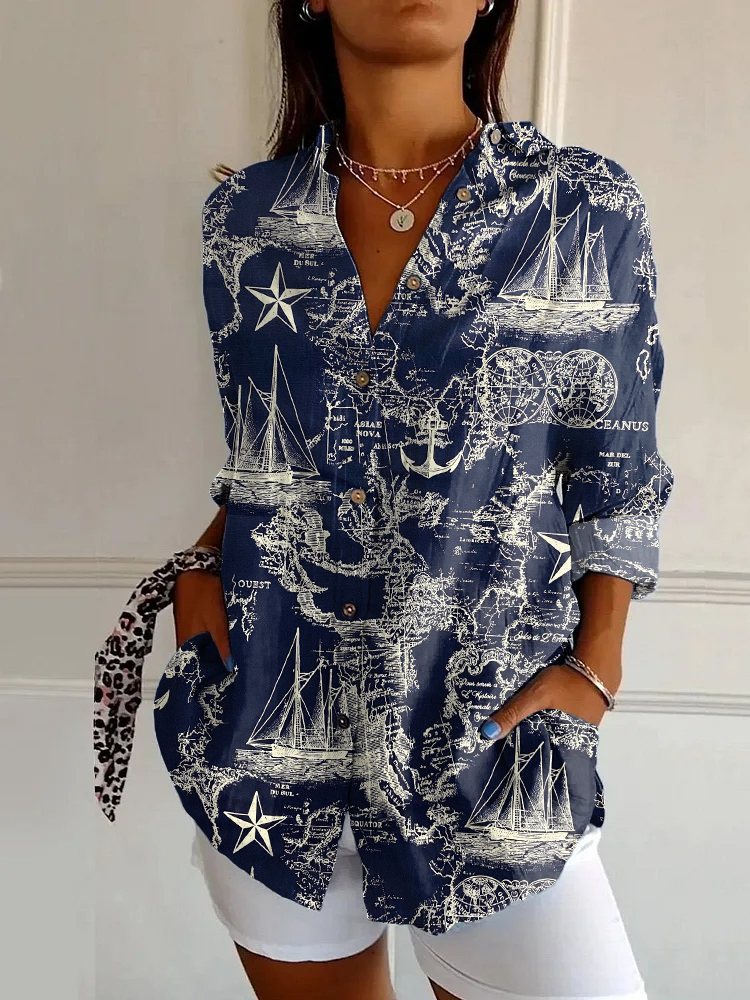 Navy Nautical Map Print Long Sleeve Shirt