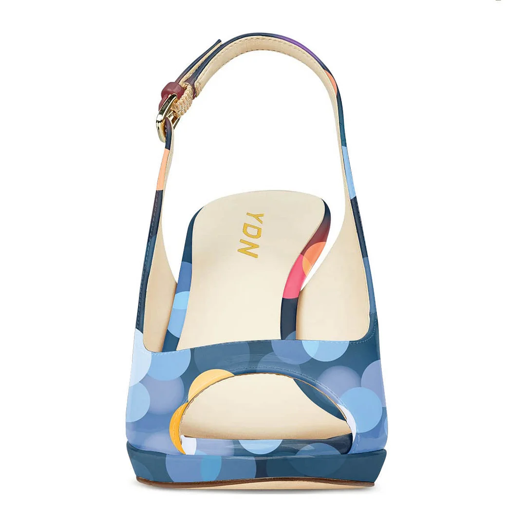 Blue Patent Leather Colorful Printed Elegant High Heel Sandals