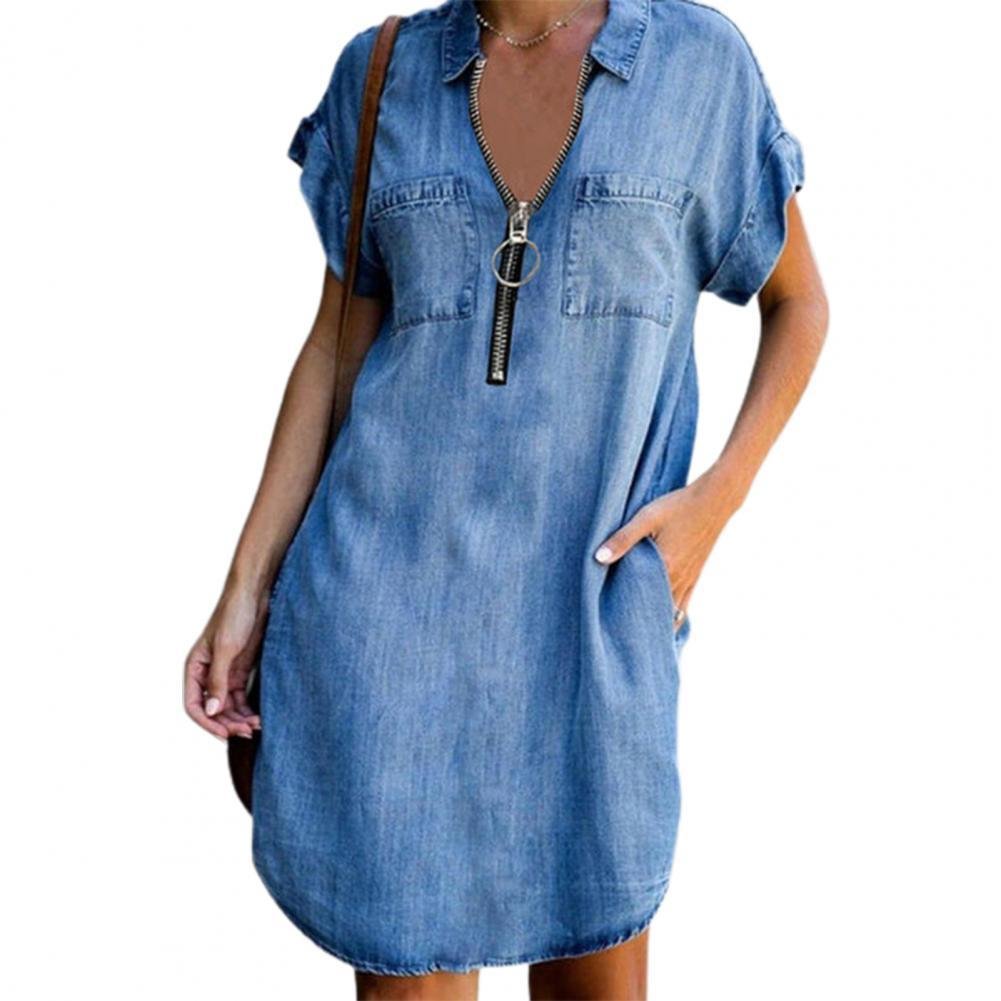 Women Dress Summer Vintage Fake Denim Sundress Turn Down Collar Short Sleeves Pockets Zipper Loose Mini Dresses Robe