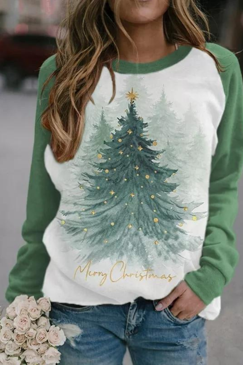 Women's Christmas Tree Printed Sleeve Sweatshirt