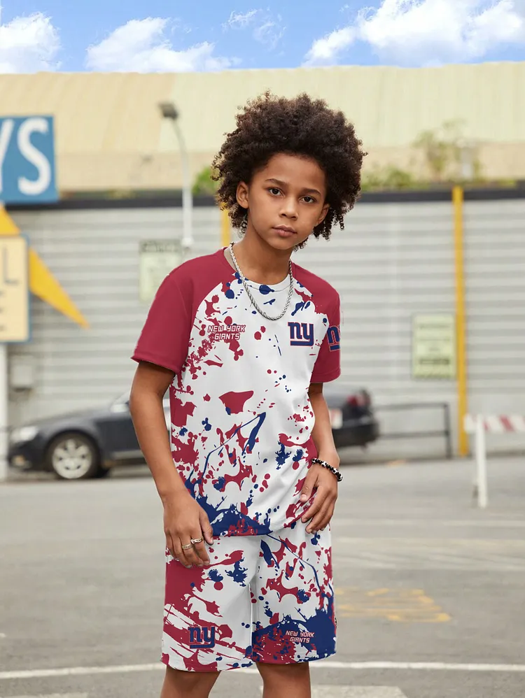 New York Giants   New Design Kids（5-14Y)' Casual Crew Neck T-shirt And Drawstring Shorts  2pcs/Set