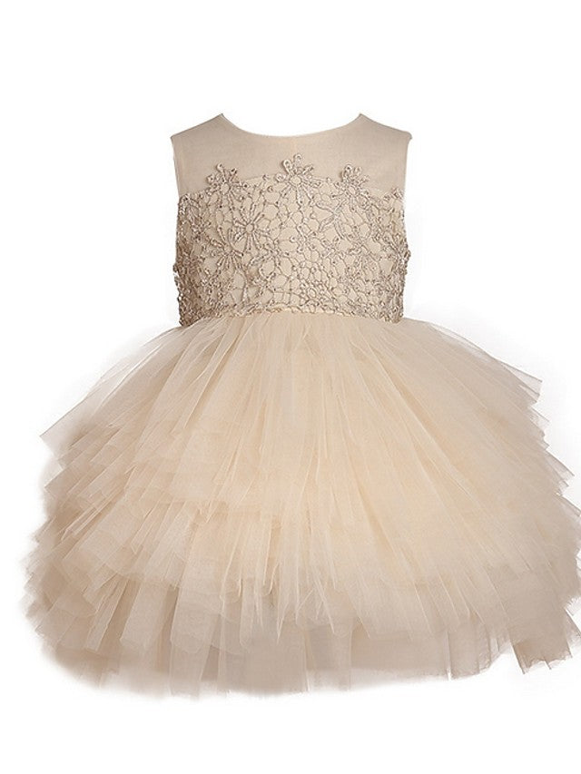 Oknass Ball Gown Sleeveless Jewel Neck Pageant Flower Girl Dresses  Polyester  With Appliques