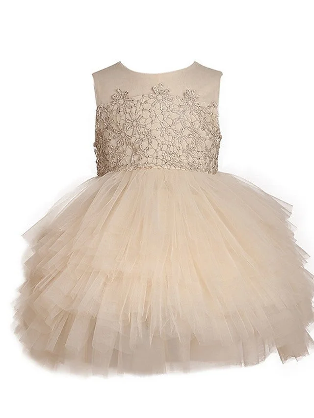 Daisda Ball Gown Sleeveless Jewel Neck Pageant Flower Girl Dresses  Polyester  With Appliques