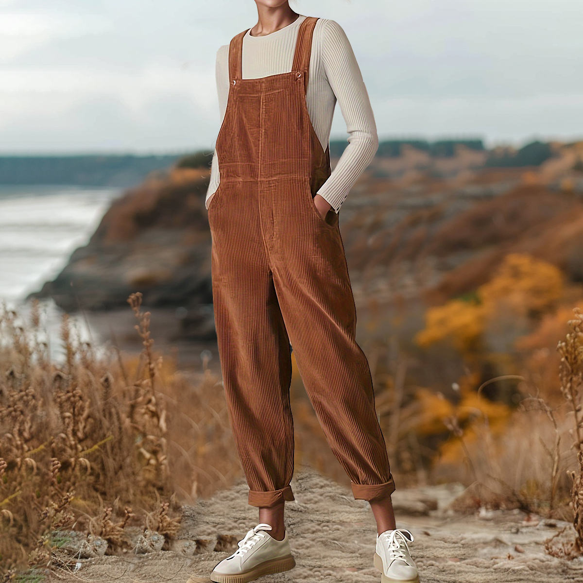 Solid Color Corduroy Casual Pocket Overalls