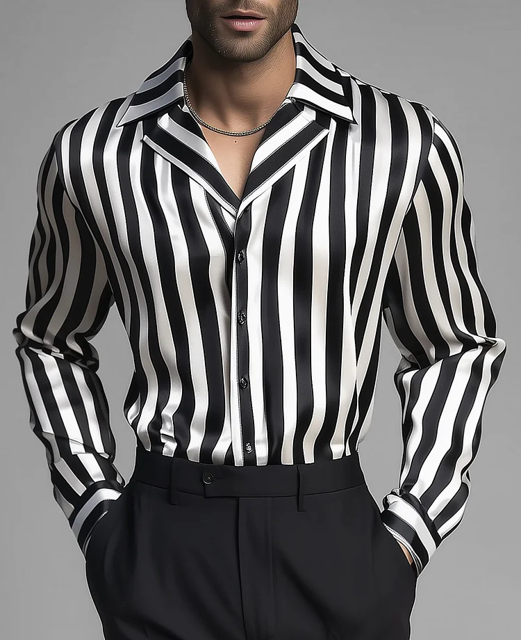 Okaywear Silk Striped Camp Collar Single Breasted Long Sleeve Shirt Okaywear