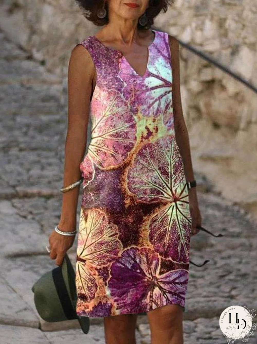 Leaf Pattern Women Purple Vest Dress