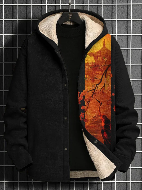 Men's Retro Cherry Blossoms And Cranes Art Print Long Sleeve Hooded Jacket