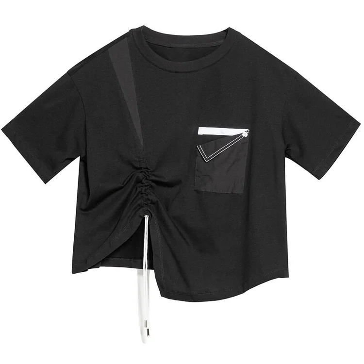 Street Loose O-neck Patchwork Asymmetrical Drawstring Short Sleeve T-shirt       