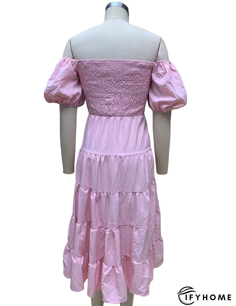 Summer Women's Fashion Loose Off Shoulder Puff Sleeve A-Line Midi Dress | IFYHOME