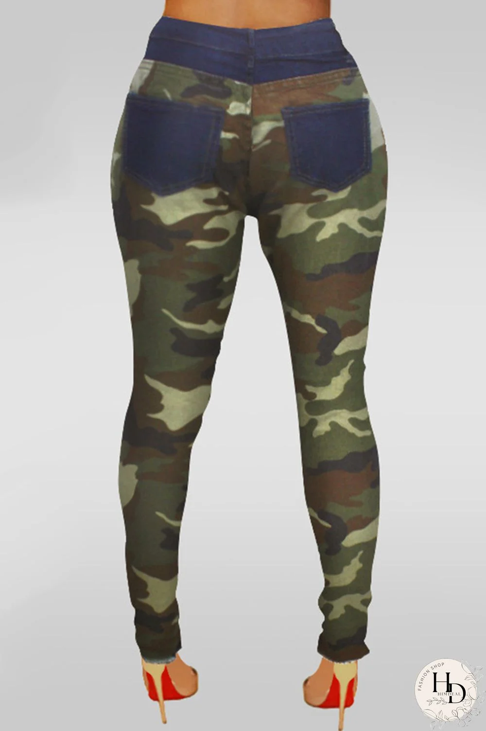 Camouflage Polyester Button Fly Sleeveless High Patchwork camouflage Print Hole pencil Pants