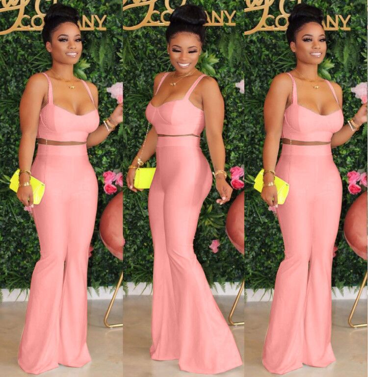 Women Two Piece Outfits Off Shoulder Ruffle Crop TopsAnd Flare Pants 2 Piece Set Summer Club Party Festival Set