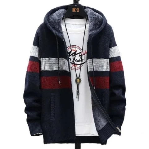 Pornhint FALIZA Men's Striped Sweater Coat Thick Fleece Warm Zipper Wool Hooded Cardigan Jumpers Men Long Sleeve Knitted Sweaters XY111