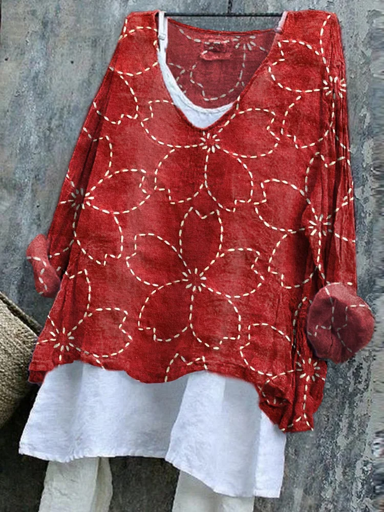Women's Japanese Cherry Blossom Embroidered Linen Blend Shirt