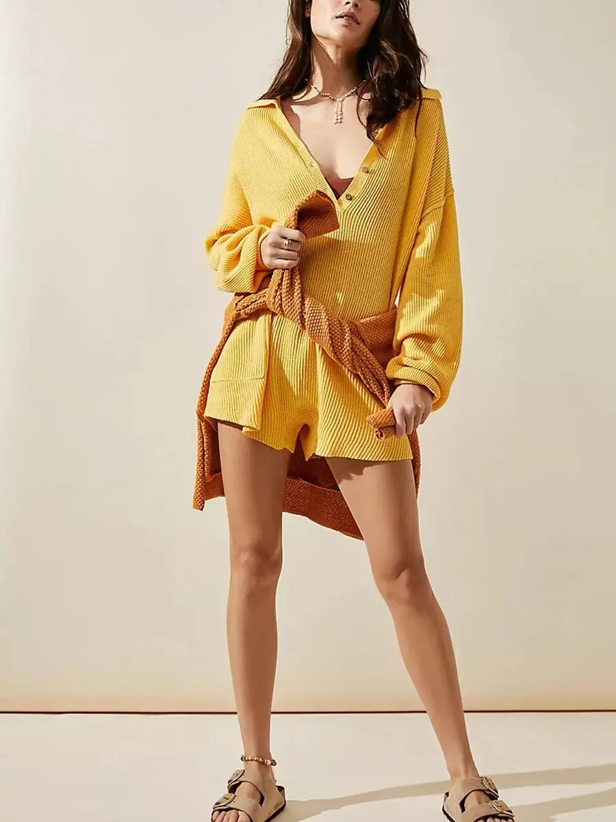 Turndown Collar Long Sleeve Knit Short Jumpsuits
