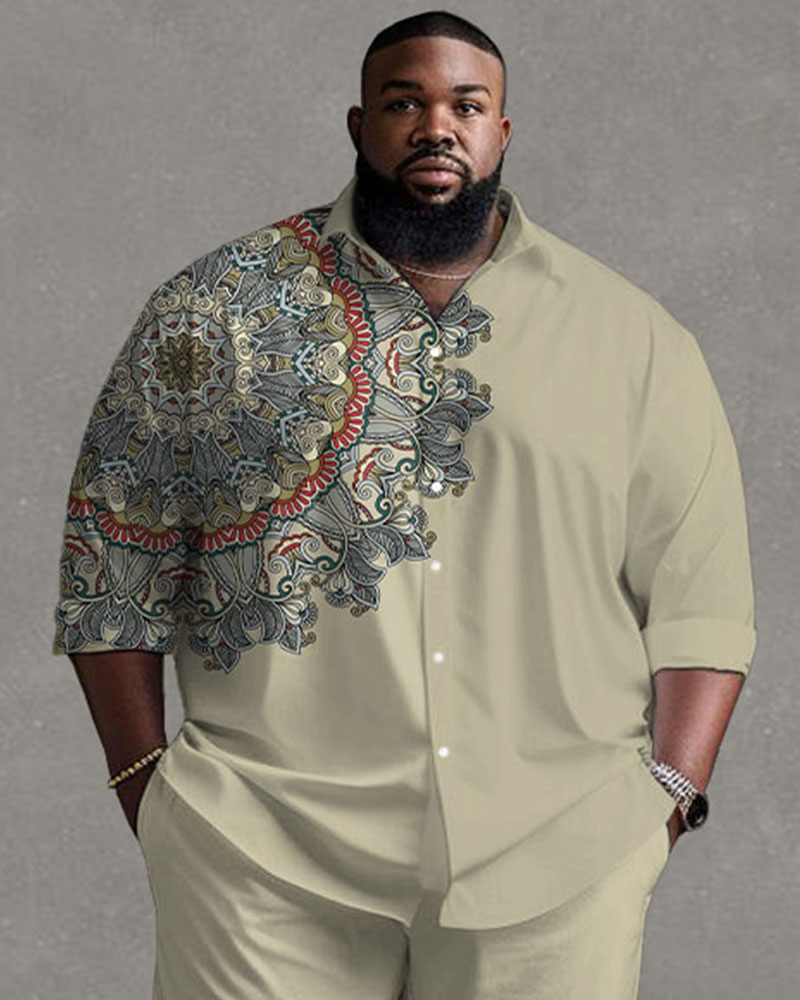 Men's Plus Size Daily Casual Simple Shoulder Vintage Print Long Sleeve Shirt Trousers Suit
