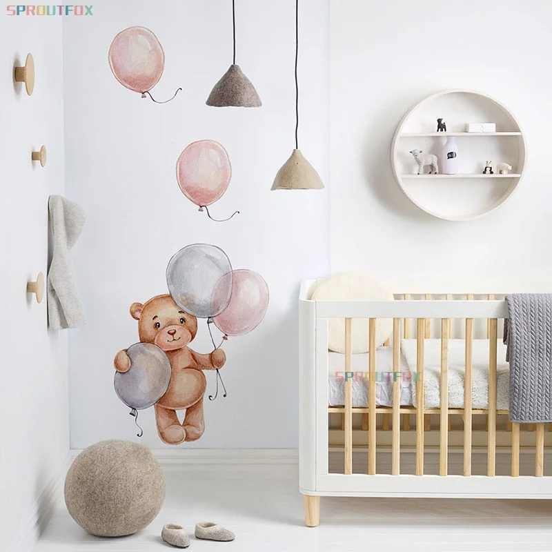 Balloon Brown Bear Wall Stickers for Kids Room Baby Boys Nursery Room Decoration Animals Wall Decal Nordic
