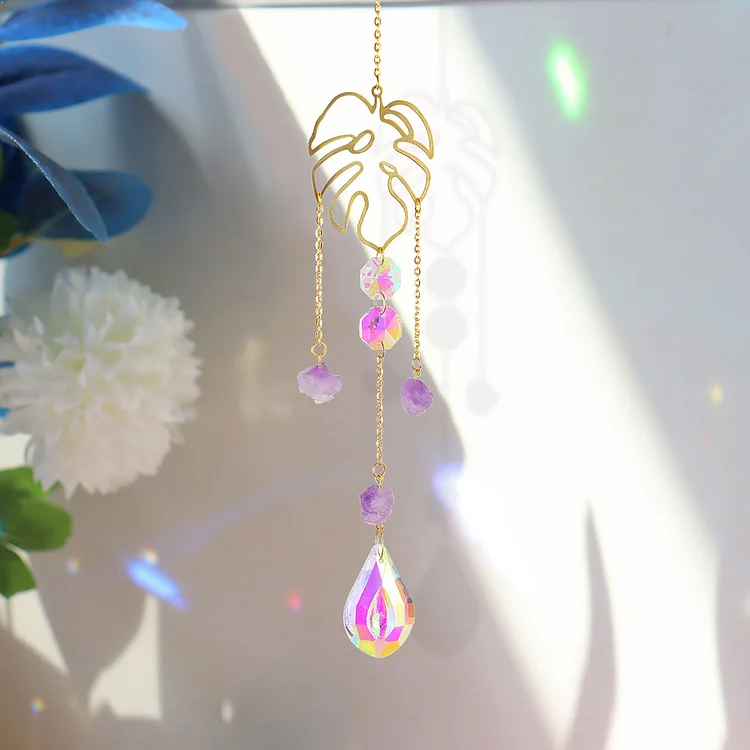 Crystal Wind Chimes Ornaments Natural Stone Light Catcher Home Decor (Leaf)