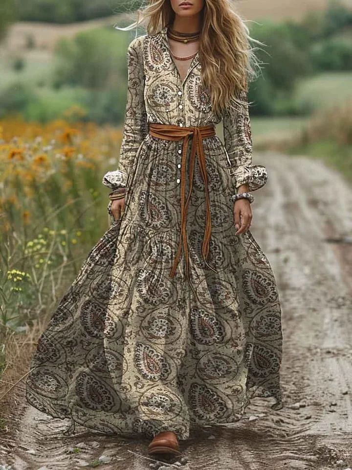 Women's Paisley Print Pocket Cotton Shirt Dress