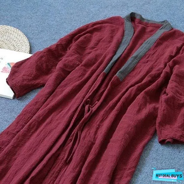 Women Vintage Cotton Linen Trench Patchwork New V-Neck Bat Sleeved Female Casual Trench Coats