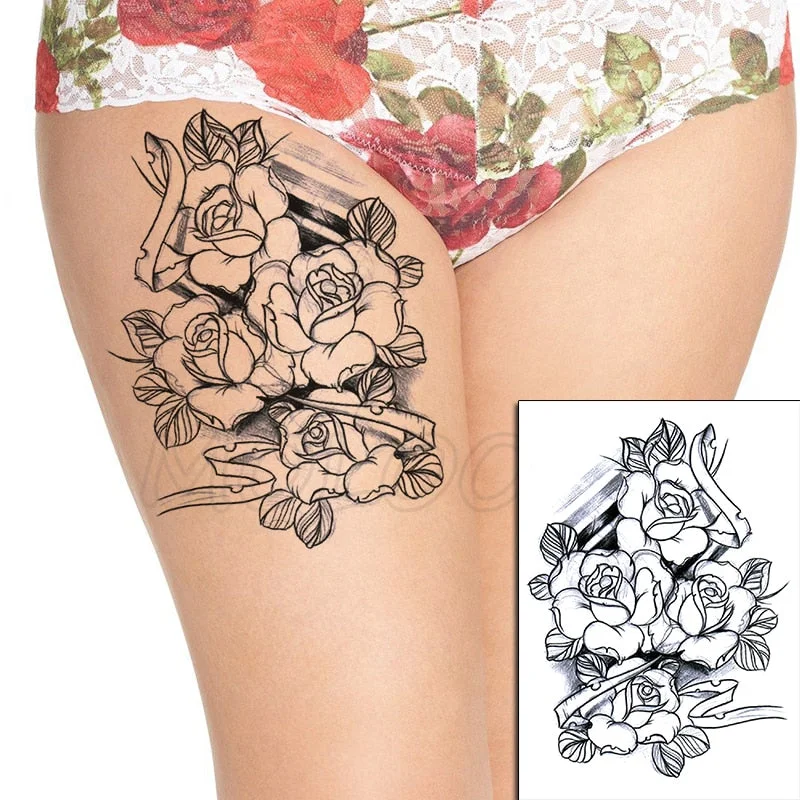 Temporary Tattoo Stickers Rose Sapphire Red Flower Fake Tatto Waterproof Tatoo Back Leg Arm Belly Big Size for Women Men Girl