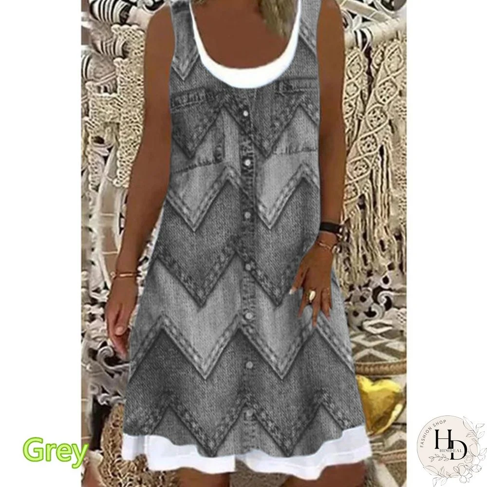 Women's Dress Summer New Fashion Women's Denim Geometric Stripe Printed Casual Sleeveless Round Neck Dress Loose Plus Size Soft and Comfortable Thin Summer Dress XS-5XL