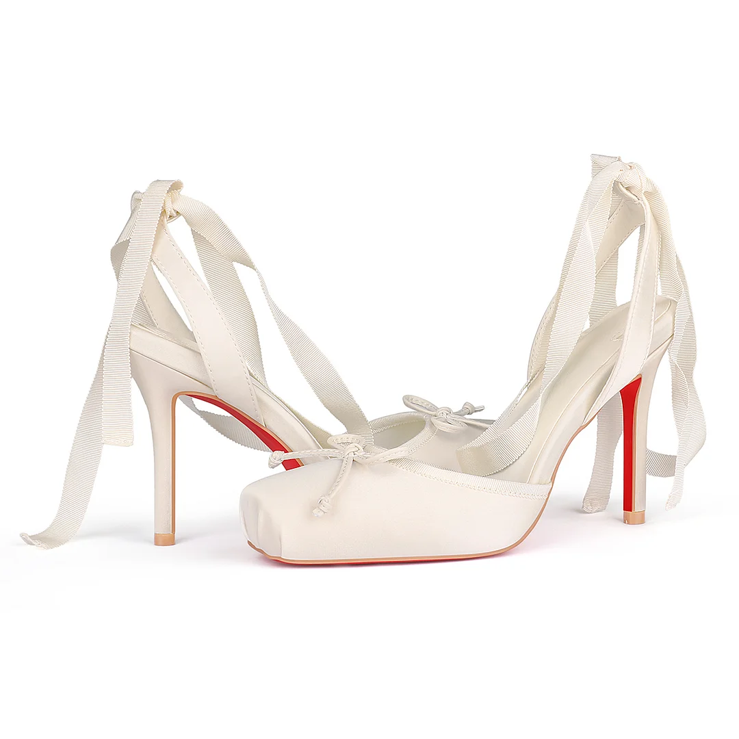 100mm women's red bottom satin ribbon lace-up square toe party wedding shoes-MERUMOTE