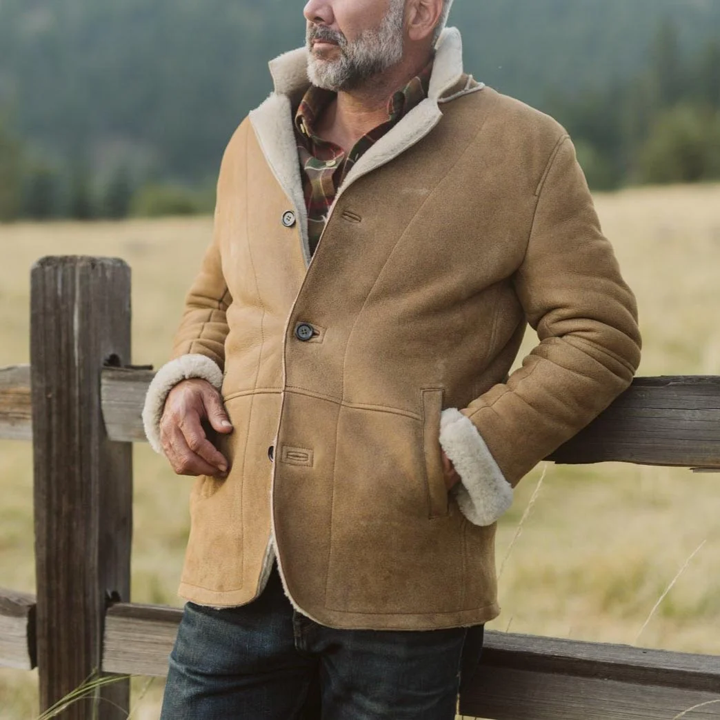 Men's Vintage Leather Shearling Fleece Fur Lapel Collar Outdoor Bomber Jacket-inspireuse