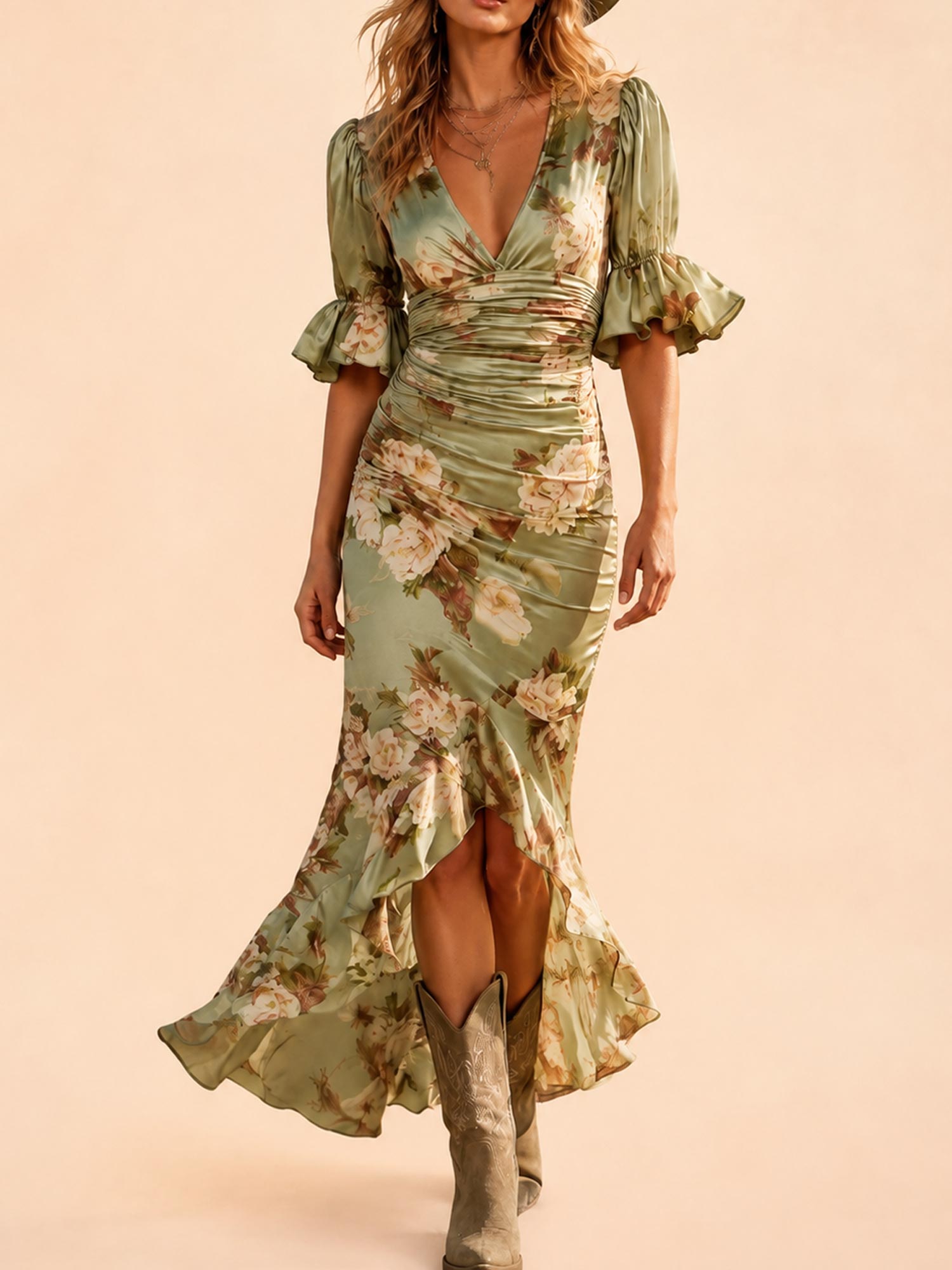 Perfect for Country Music Festivals &mdash; Sage Green Floral Satin Ruched Western Maxi Dress