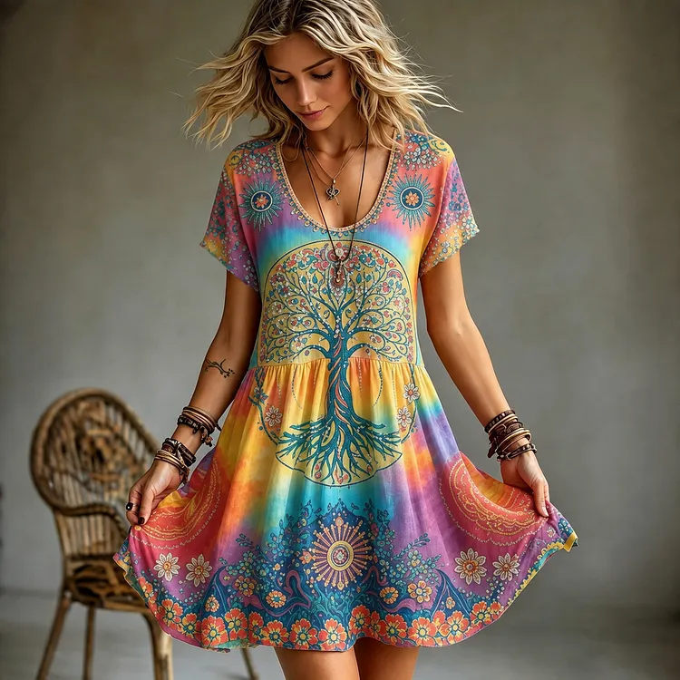 Women's Retro Hippie Tree Of Life Flower Art Pattern Crew Neck Short Sleeve Midi Dress