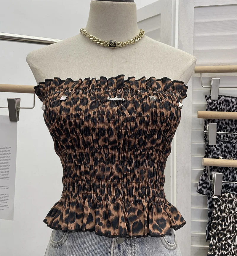 Zingj Real Shooting Hot Leopard Tectar Waistcoat Woman In Summer With A Short Shoulder Wrapped Breast Wrinkle Sleeveless Top 8855