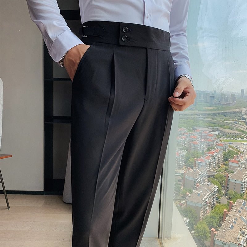 2021 New Design Men High Waist Trousers Solid England Business Casual Suit Pants Belt Straight Slim Fit Bottoms White Clothing 226