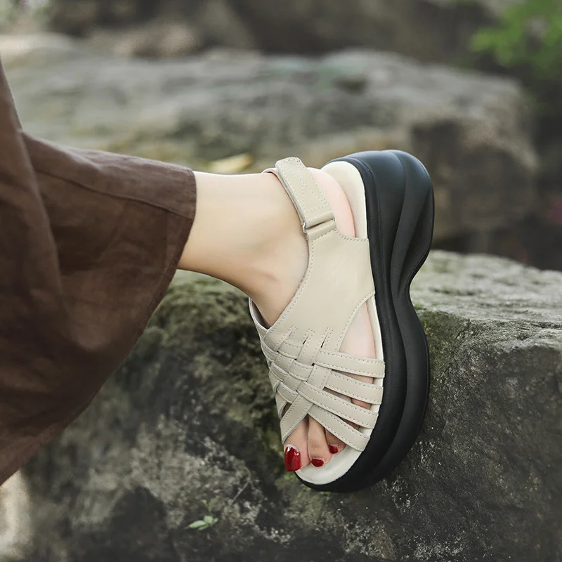 Yyvonne Cowhicked Woven Woven Pine Cake Thick-Soled Sandals Women's Summer New Catch Height Roman Sandals