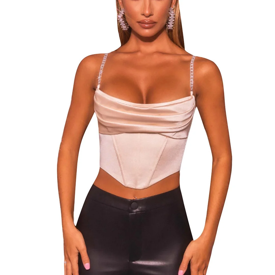 wsevypo Diamonds Chain Bustier Corsets Top Sexy Women's Camisoles Sleeveless Strap Crop Tops Solid Color Backless Vest