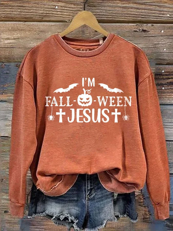 Women's I'm Fall-o-ween Jesus Printed Round Neck Long Sleeve Sweatshirt socialshop