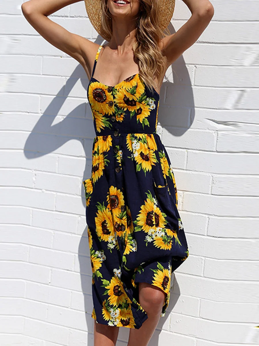 Sunflower Button Pocket Sling Floral Dresses